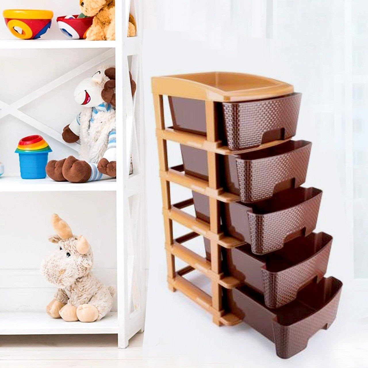 1151 5tier Plastic Modular Drawer System For Multiple Use (Brown Colour)