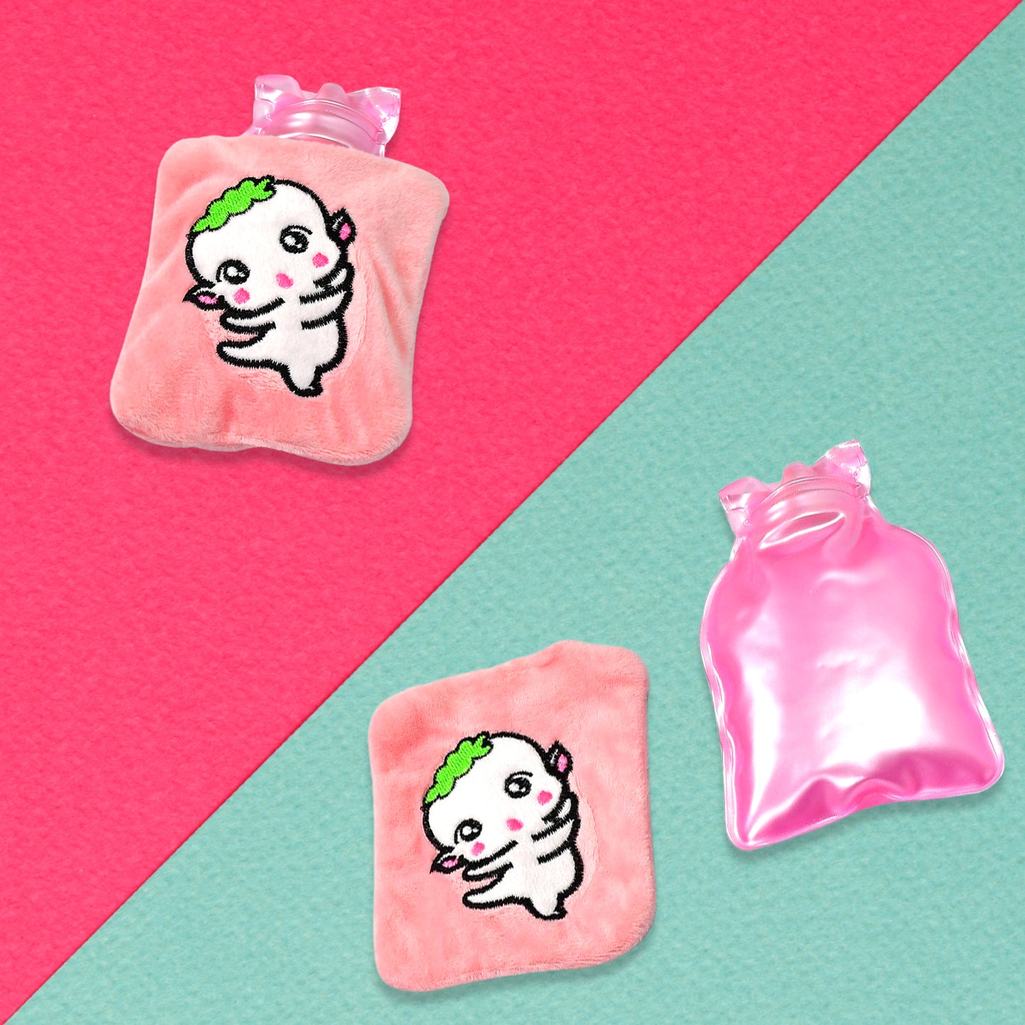 6532 Pink Cartoon Small Hot Water Bag With Cover For Pain Relief Neck Shoulder Pain And Hand Feet Warmer Menstrual Cramps.