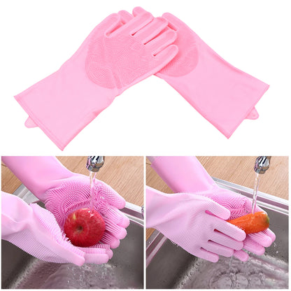 8740 Dishwashing Gloves With Scrubber Silicone Cleaning Reusable Scrub Gloves For Wash Dish Kitchen Bathroom Pet Grooming Wet And Dry Glove (1 Pair 155gm)