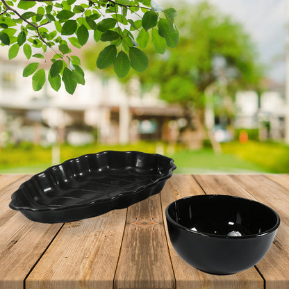 8233 Invitation Round Ceramic Snacks Bowl With Plastic Leaf Shape Serving Platter Portable Lightweight Breakfast Serving Bowl  Ideal For Rice Pasta Desserts Home  Kitchen Serving Bowl  Platter (8 Pcs Set)