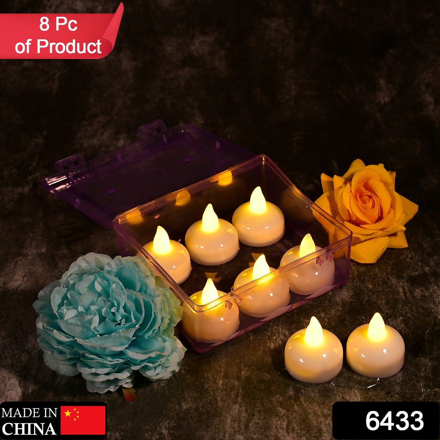 6433 Set Of 8pcs With Transparent Box. Flameless Floating Candles Battery Operated Tea Lights Tealight Candle - Decorative Wedding.