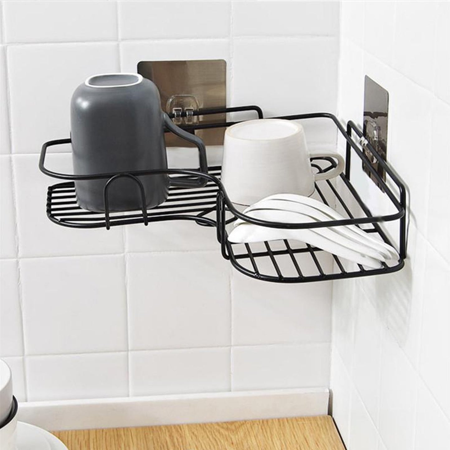 1759 Self-adhesive Kitchen-bathroom Corner Shelf Organiser Storage Rack