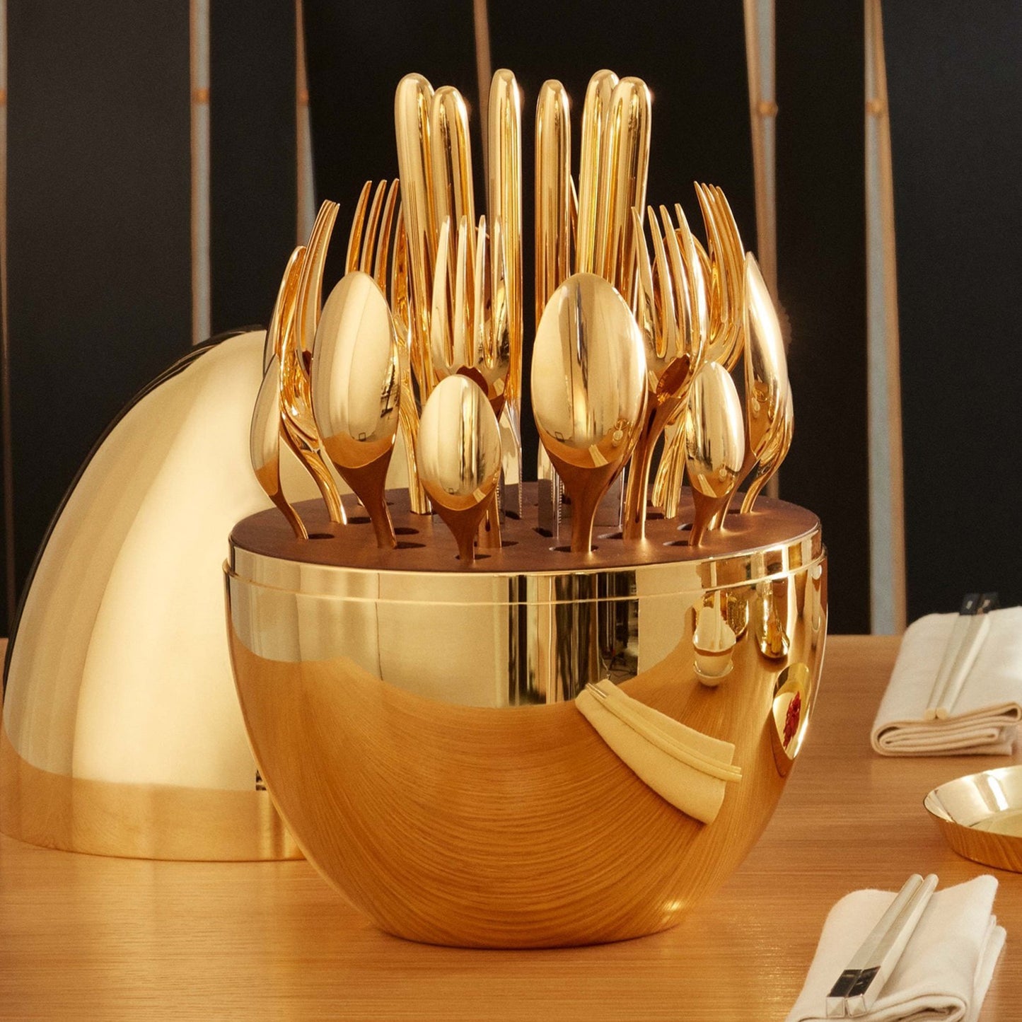 10010 Premium Cutlery Set 24 Pcs With Oval Shaped Stand  Beautiful Stylish Oval Designed Cutlery Sets Egg-shaped Luxury Spoon Holder Set (Golden  24 Pcs Set)