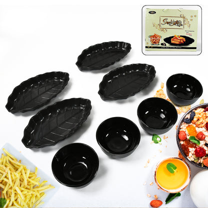 8233 Invitation Round Ceramic Snacks Bowl With Plastic Leaf Shape Serving Platter Portable Lightweight Breakfast Serving Bowl  Ideal For Rice Pasta Desserts Home  Kitchen Serving Bowl  Platter (8 Pcs Set)