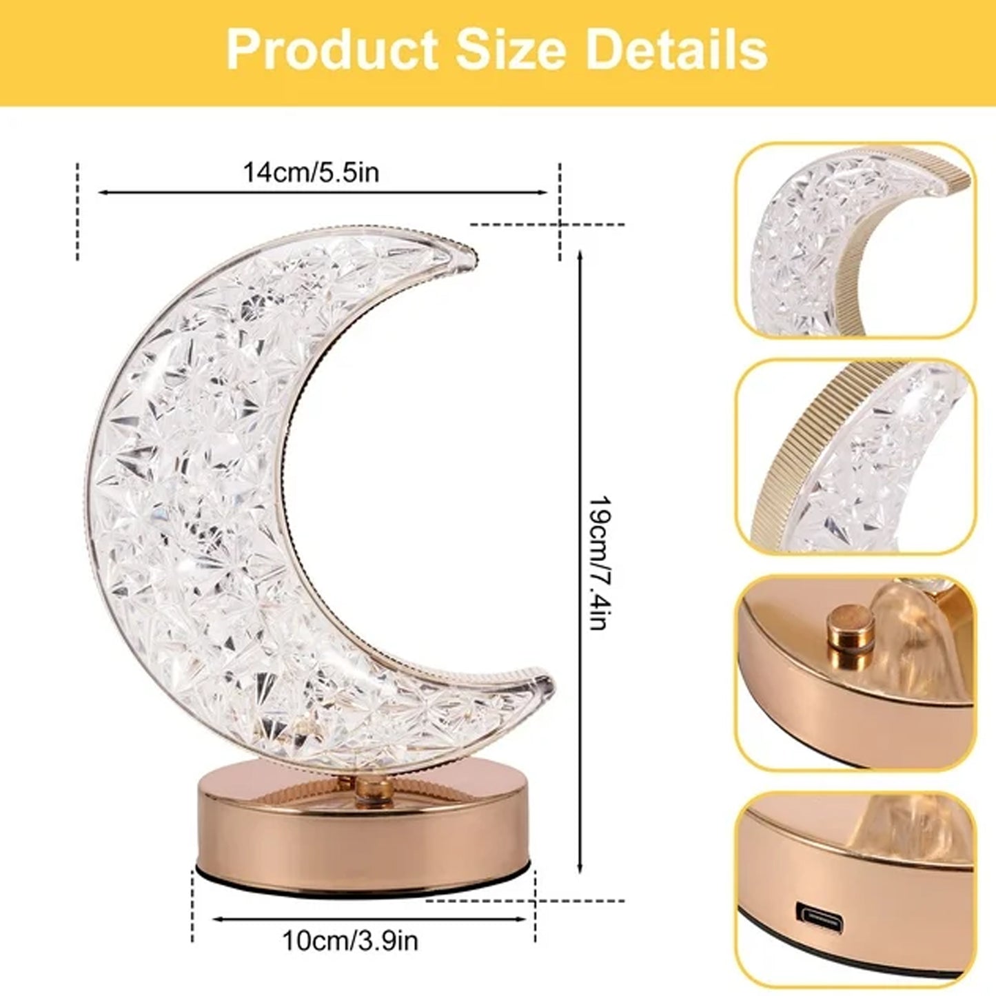 12570 Crystal Table Lamp  Moon Shape Touch Control Lamp With 3 Color  Metal Bedside Lamp For Kids Bedroom Romantic Desktop Nightstand  Stepless Dimming Usb Charging Touch Night Light