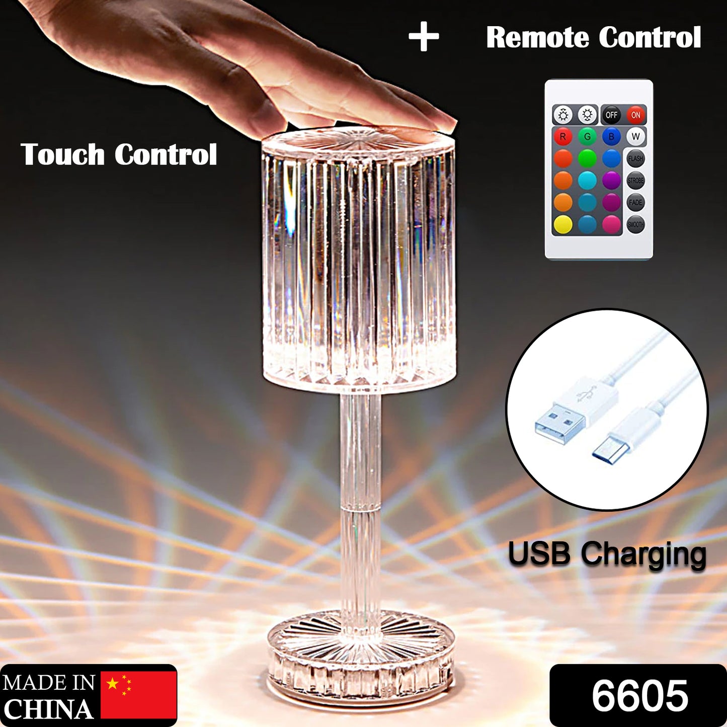 6605 Crystal Table Lamp  Touch Control Atmosphere Nightstand Lamp With Usb Charging Line