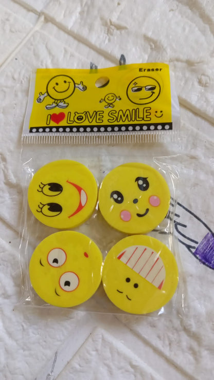 4564 Cute Smile Emoji Erasers Cute Smile Face Rubber Eraser Dentist Dental Clinic School Kid For School Going Kidsbirthday Party Return Gift Set (4pc Set)