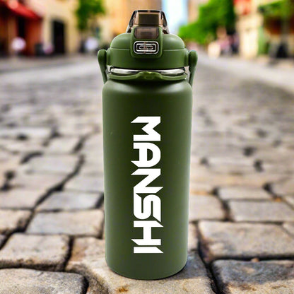 Customize Stainless Steel Water Bottle With Straw Strap  Handle  Vacuum Insulated Thermos Flask Double-walled Coffee Thermos Flask Leak-proof Water Bottle For Sports Fitness Gym (1500ml)