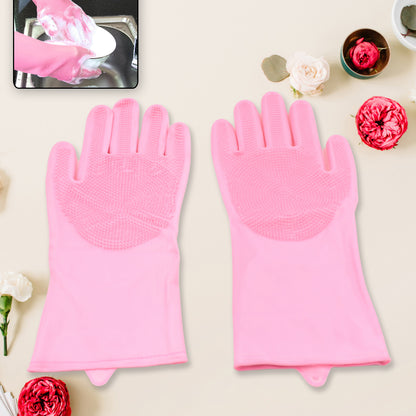 8740 Dishwashing Gloves With Scrubber Silicone Cleaning Reusable Scrub Gloves For Wash Dish Kitchen Bathroom Pet Grooming Wet And Dry Glove (1 Pair 155gm)