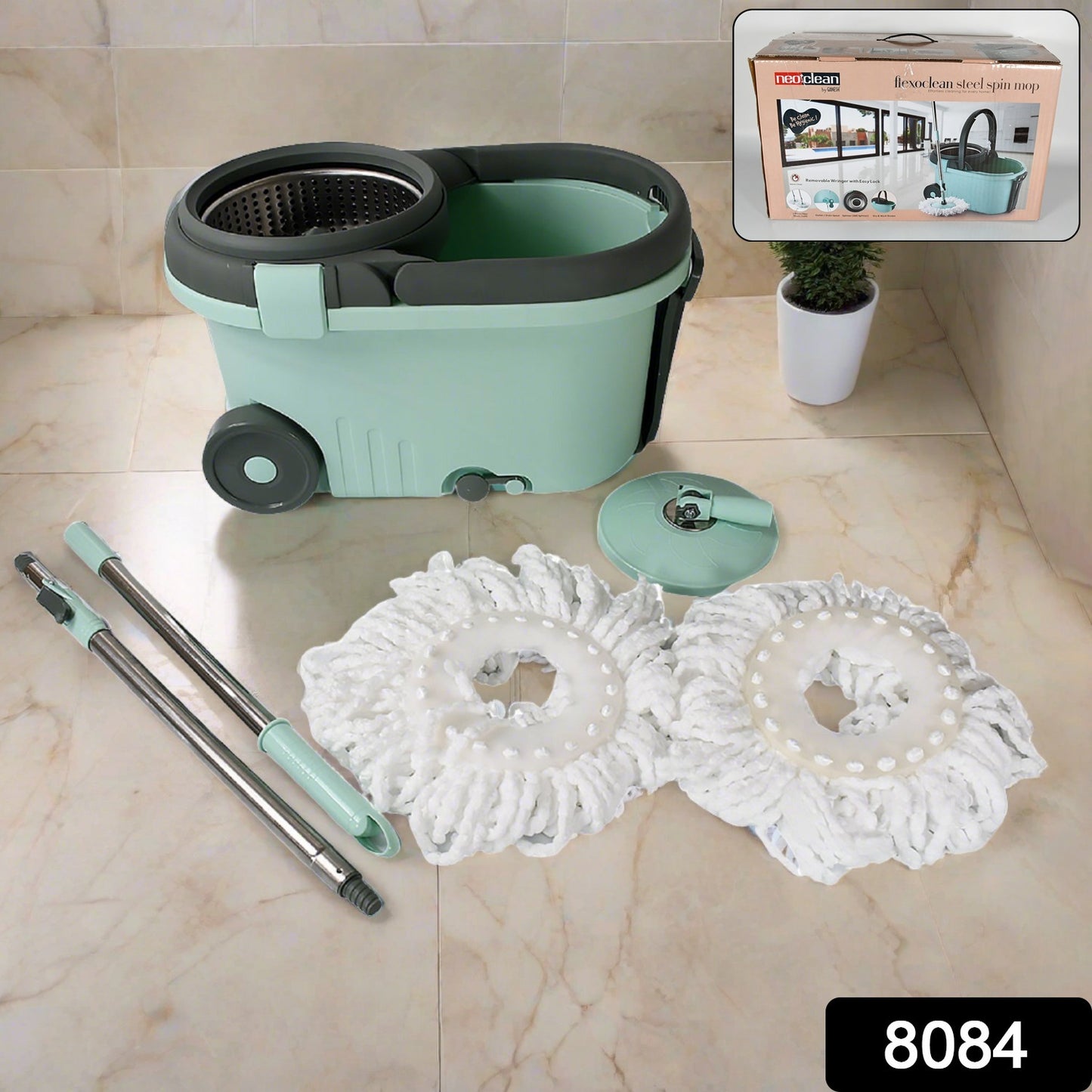 8084 Ganesh Quick Spin Mop Steel Spin Bucket Floor Cleaning Easy Wheels  Big Bucket Floor Cleaning Mop With Bucket 2 Micro Fiber Head  Refill