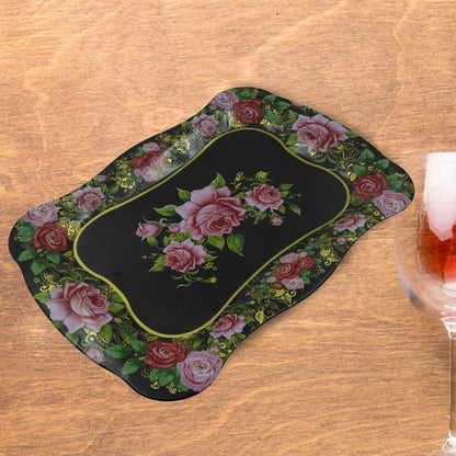 5537 Stainless Steel Serving Tray With Flower Printed Rectangle Premium Dining Table Plate (18 X 8.5 Inch  1 Pc)