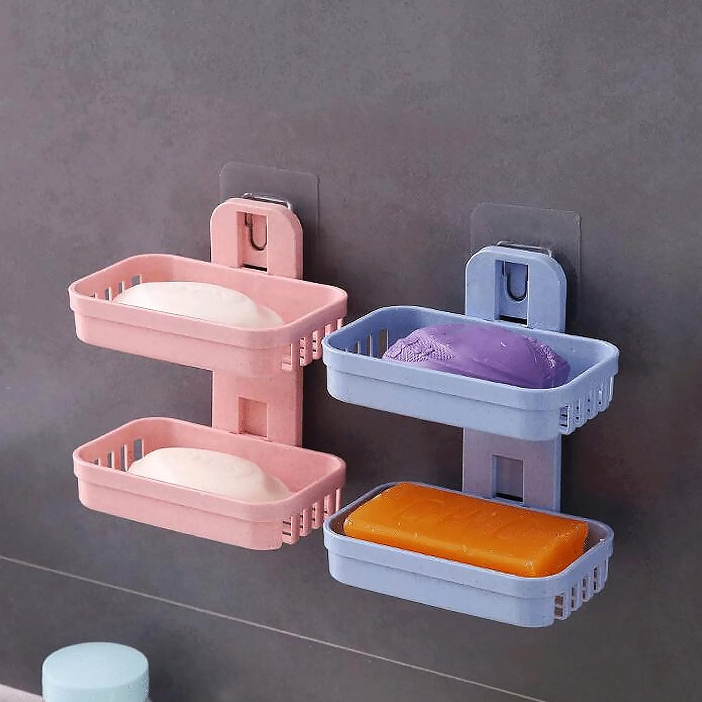 17892 Adhesive Sticker Soap 2 Layer Dish Holder Wall Mounted Bathroom Shower Soap Holder Saver Box Storage Organizer Rack Abs Plastic (Double Layers  2 Pcs Set)