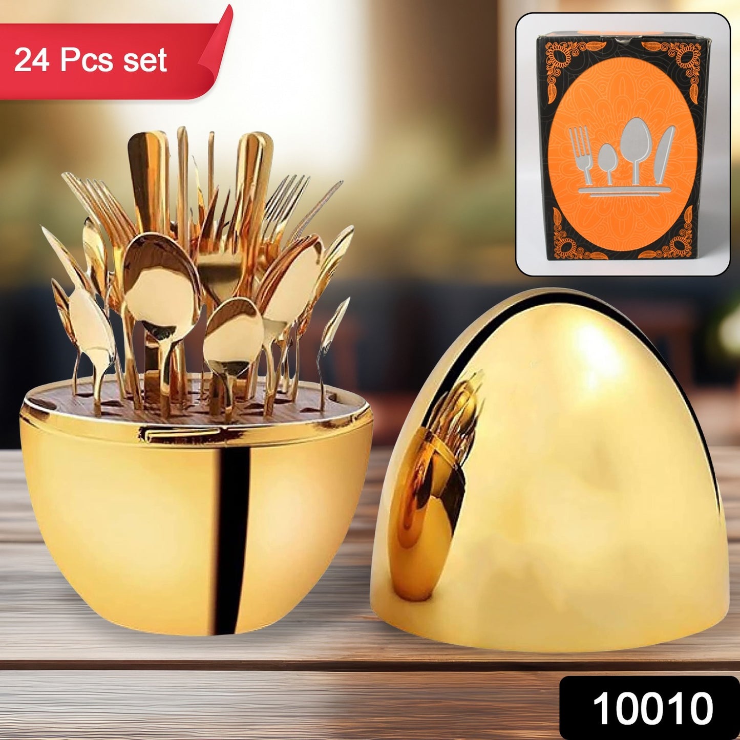 10010 Premium Cutlery Set 24 Pcs With Oval Shaped Stand  Beautiful Stylish Oval Designed Cutlery Sets Egg-shaped Luxury Spoon Holder Set (Golden  24 Pcs Set)