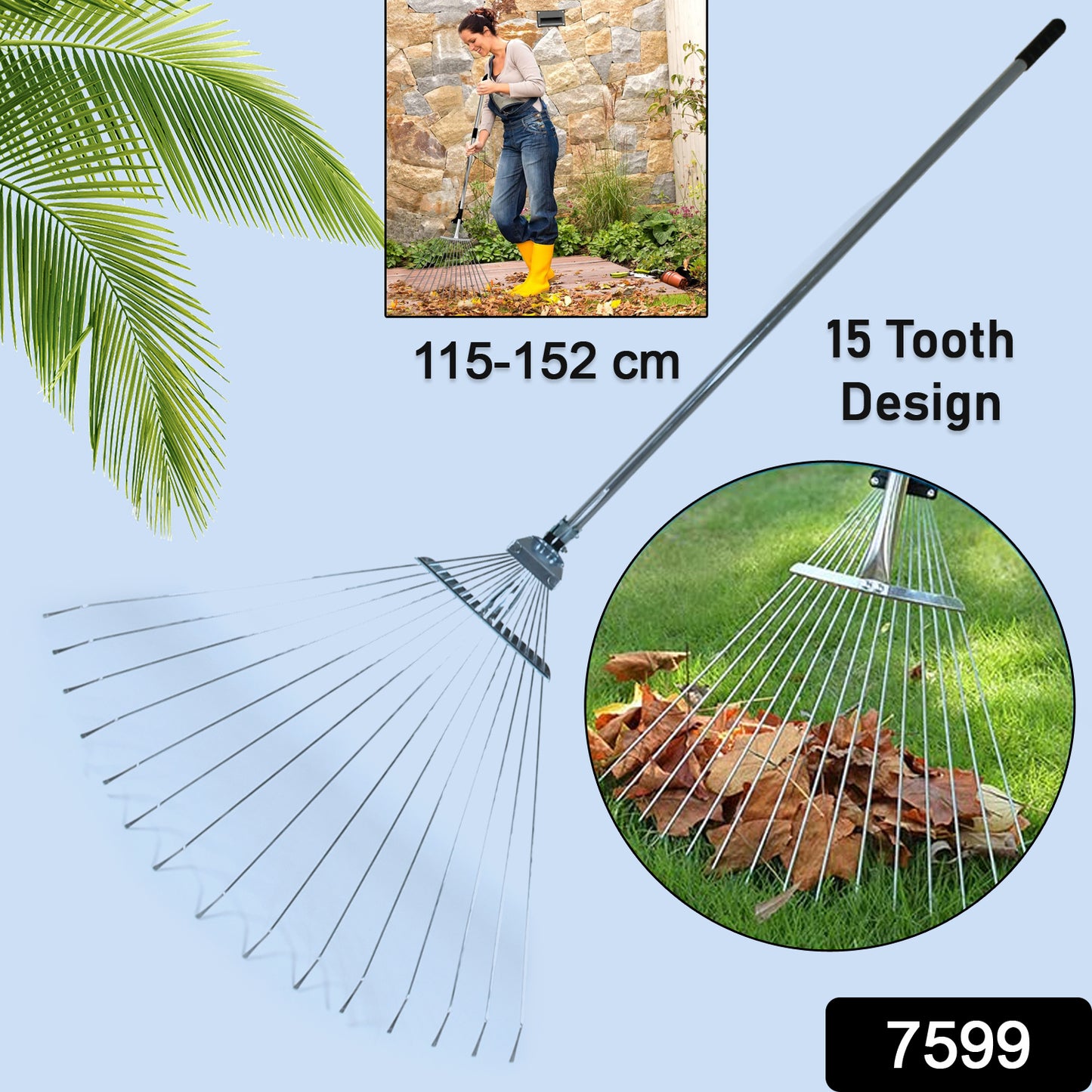 7599 115-152 Cm Rake For Gardening Stainless Steel Telescopic Garden Rake For Quick Clean Up Of Lawn And Yard Adjustable Rake Claws Spacing Garden Broom With Long Handle For Clean Leaves (Moq - 2 Pc)