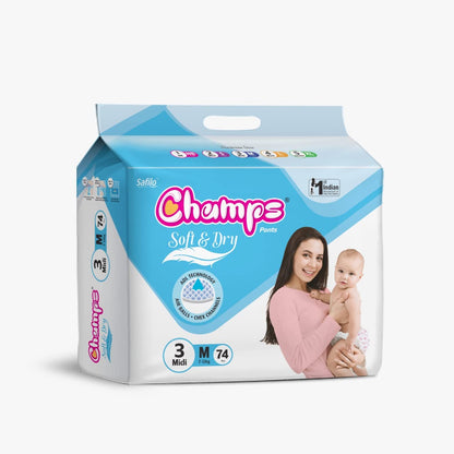 Champs Soft & Dry Baby Diapers (M, 74 Pcs)