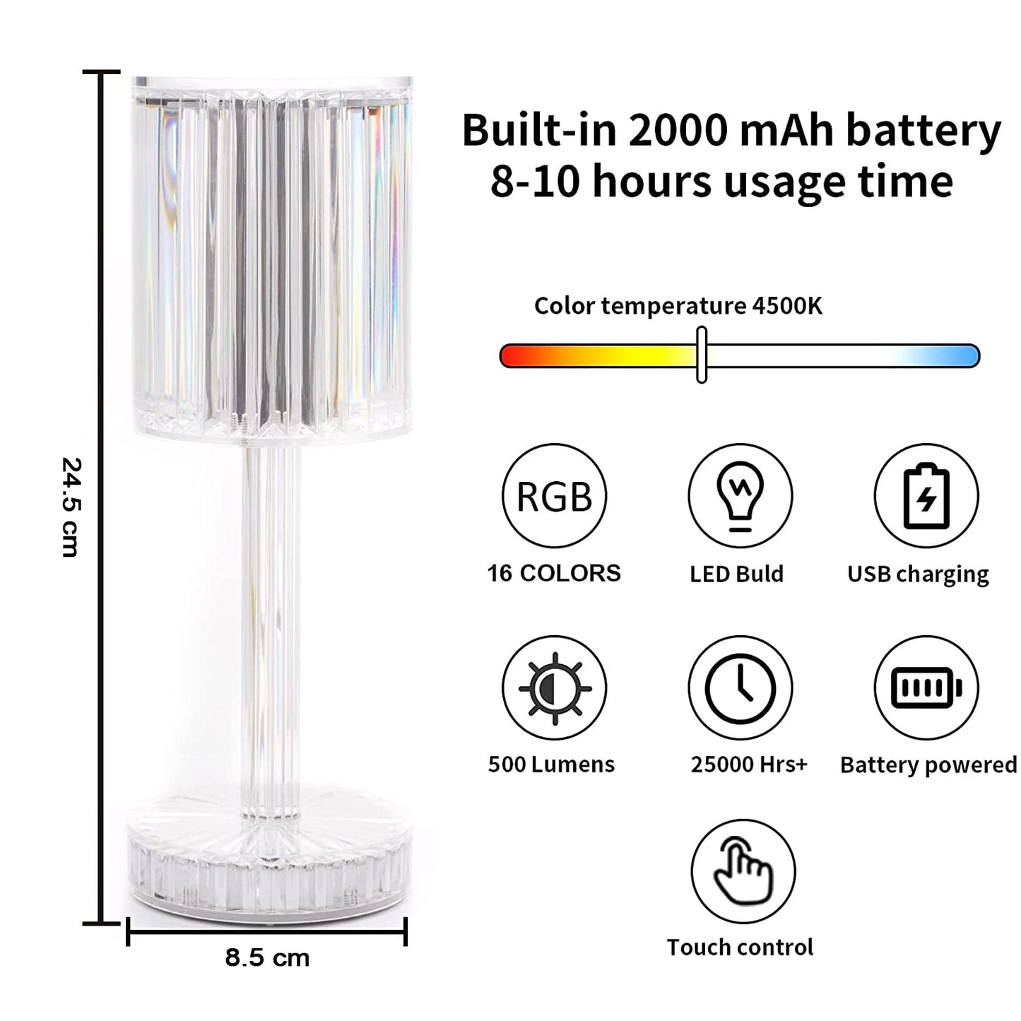 6605 Crystal Table Lamp  Touch Control Atmosphere Nightstand Lamp With Usb Charging Line