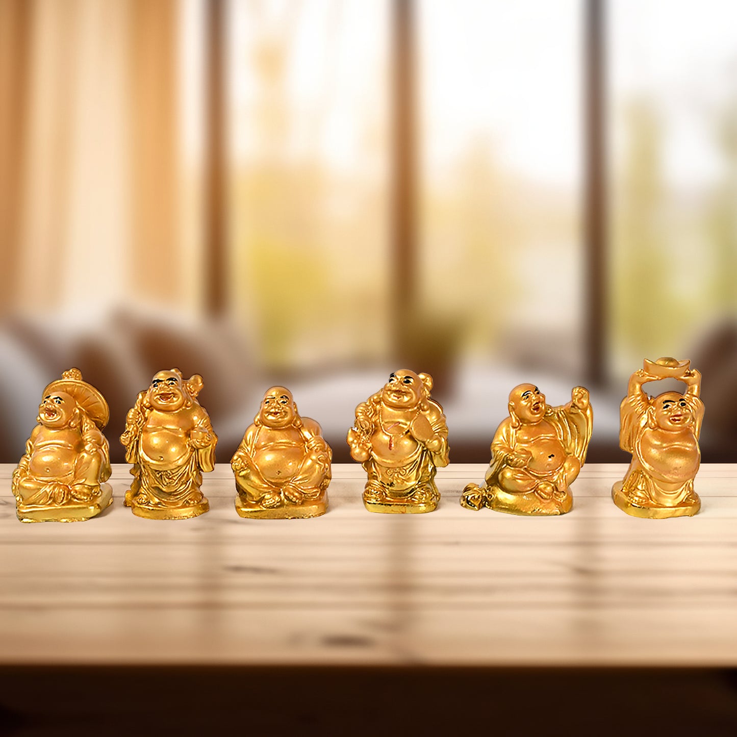 17924 Golden Laughing Buddha Set Of Six Pieces Statue For Happiness Wealth  Good Luck Decor For Wealth And Success (6 Pcs Set)