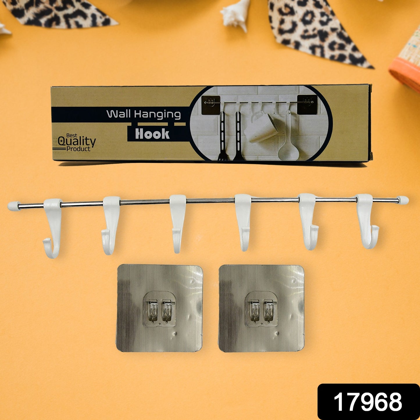 17968 Stainless Steel Utensil Hanger Rail Nail Free Wall Mount With 2 Magic Stickers  6 Plastic Hooks For Kitchen